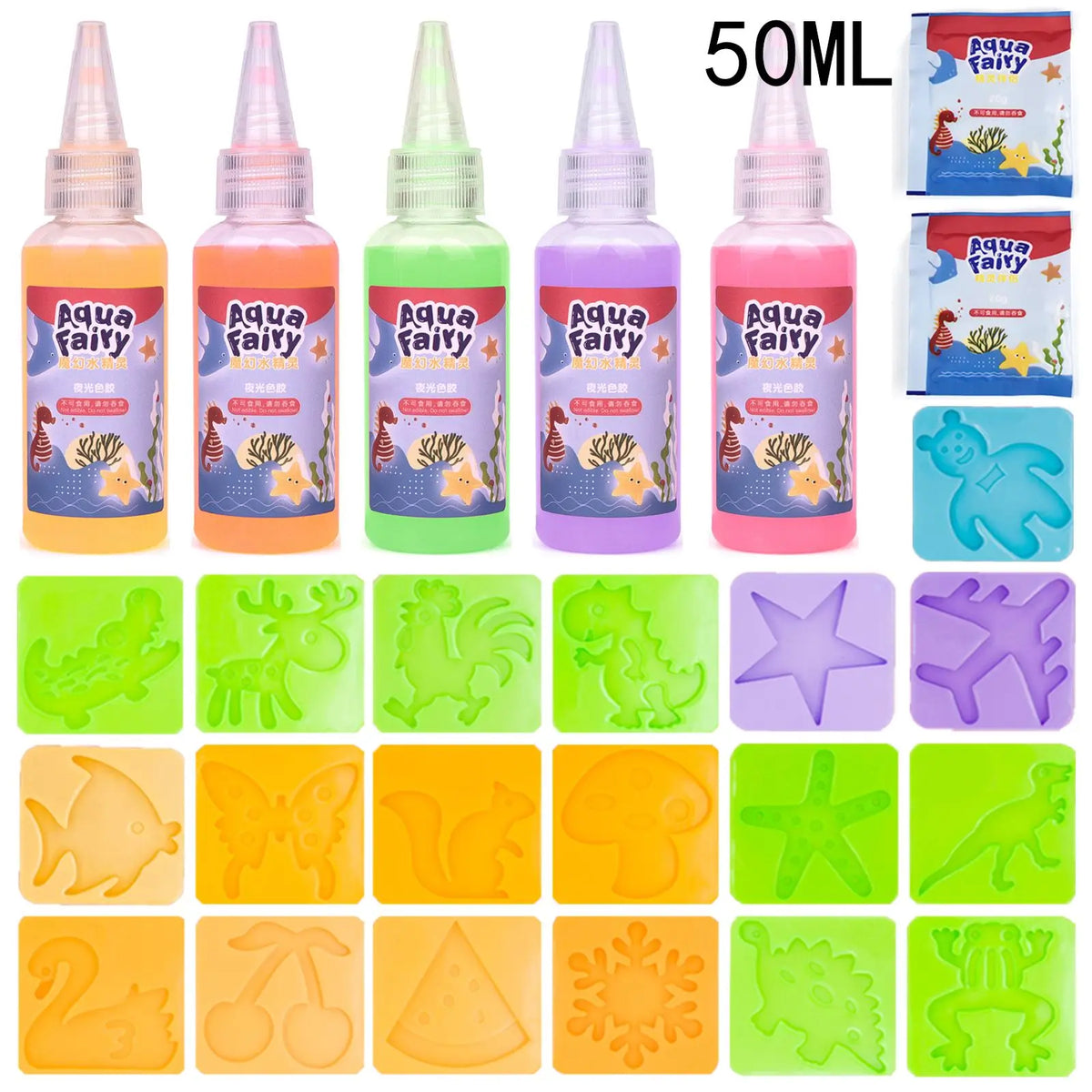 A collection of 50ml Aqua Fairy craft kits in various colors and shapes for DIY 3D water elf projects.