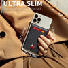 A hand holds an ultra slim phone case featuring a black textured design and a red accent, placed against a brown leather jack