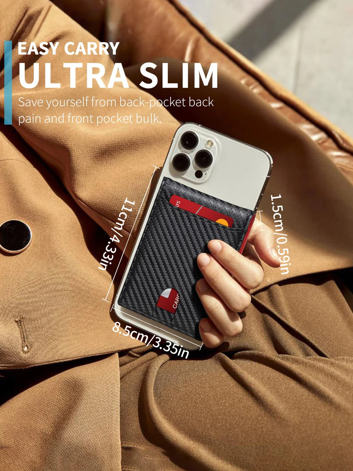 A hand holds an ultra slim phone case featuring a black textured design and a red accent, placed against a brown leather jack