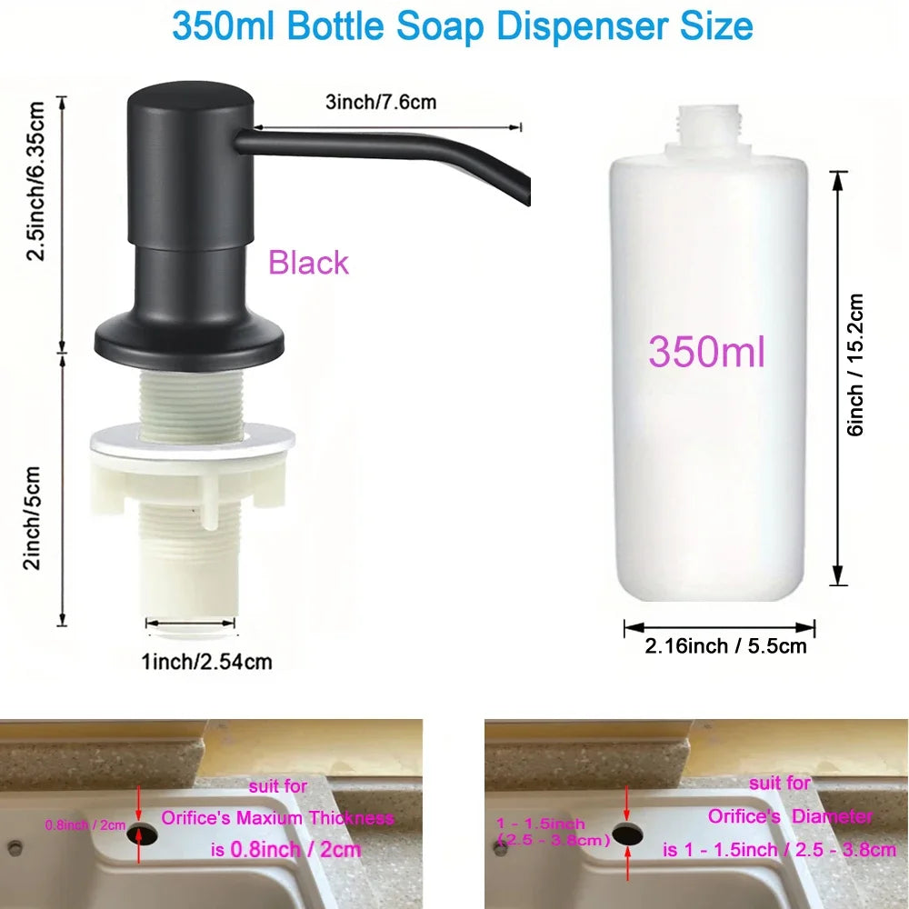 Black bottle soap dispenser with a pump mechanism and measuring markings for 350ml liquid soap.