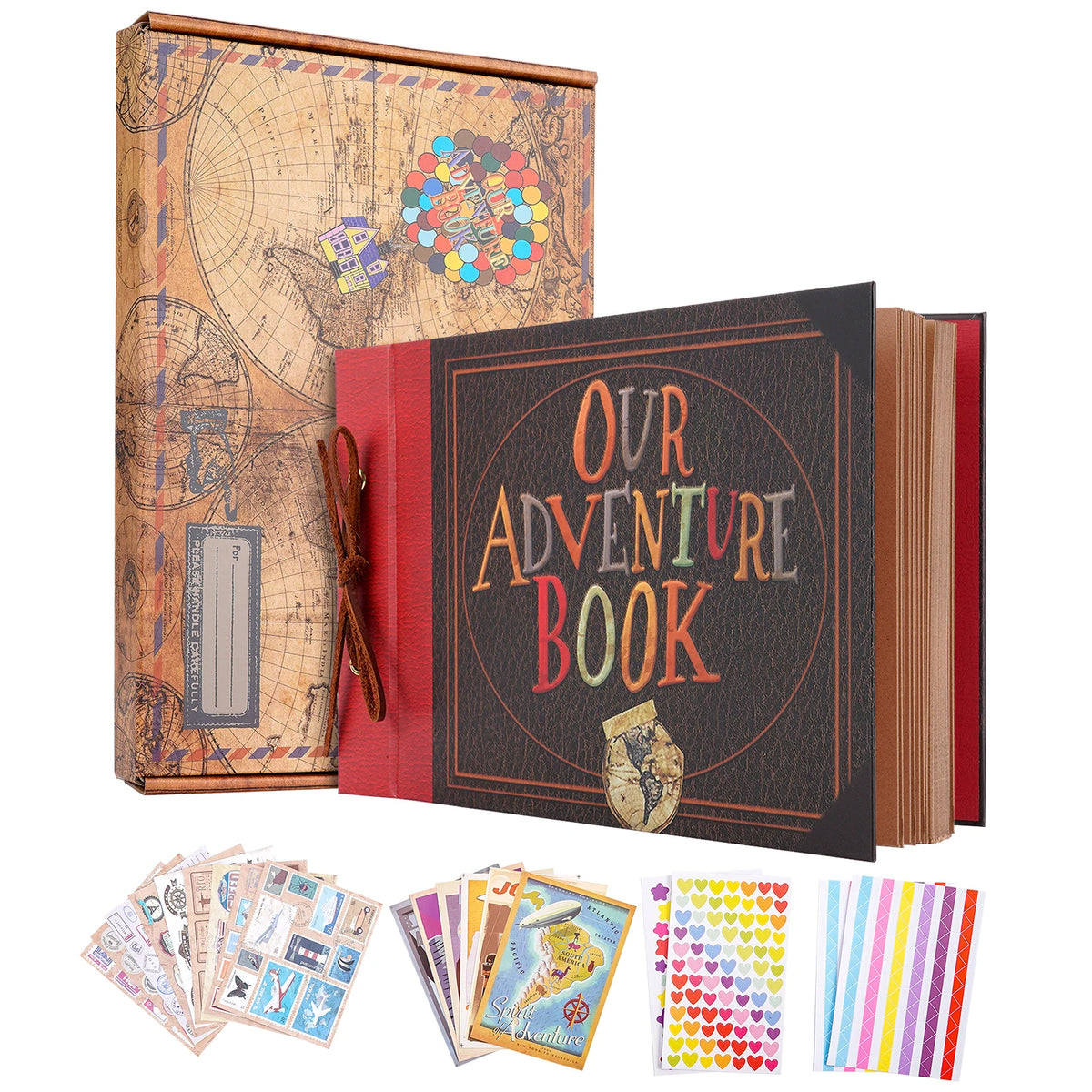 Handgemaltes Kraft-Scrapbook-Album mit dunklem Einband und verschiedenen Papier-Inserts und Aufklebern.