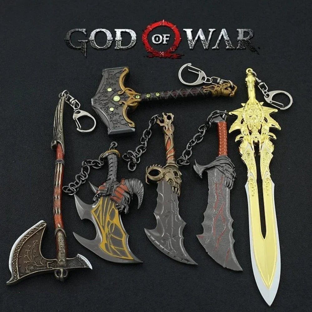 A collection of metal swords and knives, including a large ornate blade and various smaller weapons, displayed against a dark