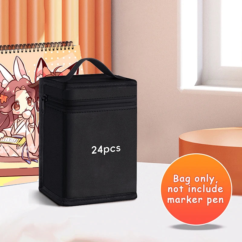 A black canvas pencil bag is shown next to a potted plant and a window, with text indicating 24 pieces included.
