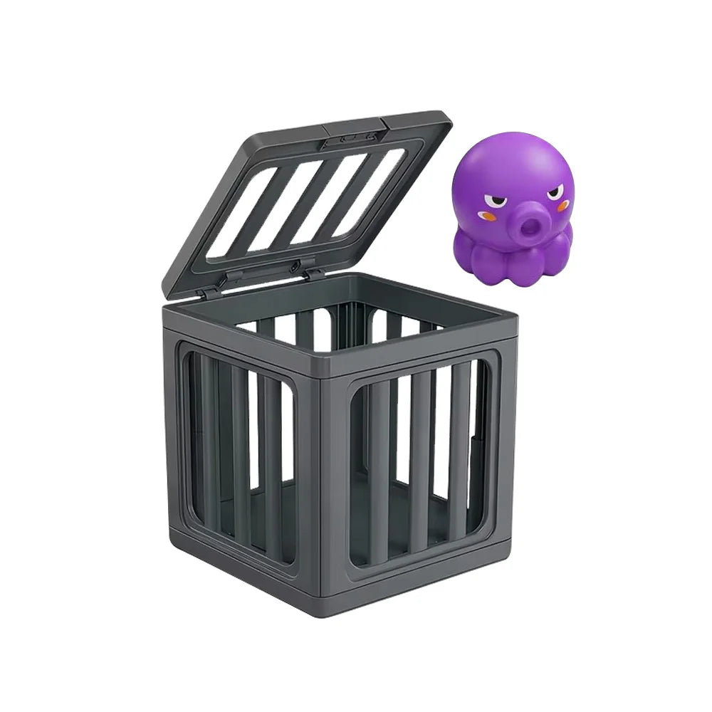 A purple elephant floating toy is shown next to its open storage box.