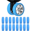 A set of four blue silicone wheel protectors for caster wheels.
