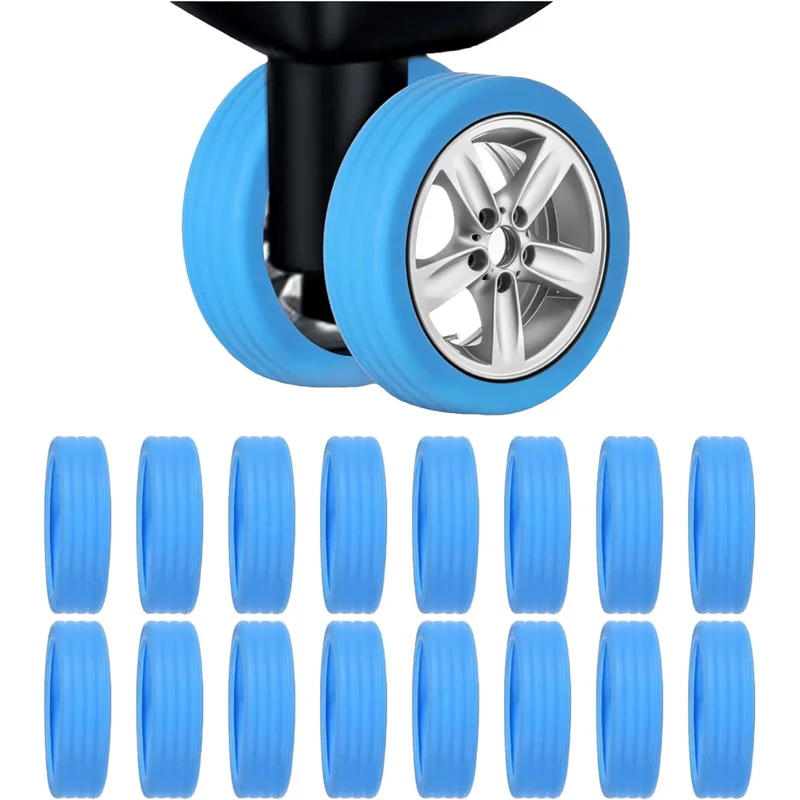 A set of four blue silicone wheel protectors for caster wheels.