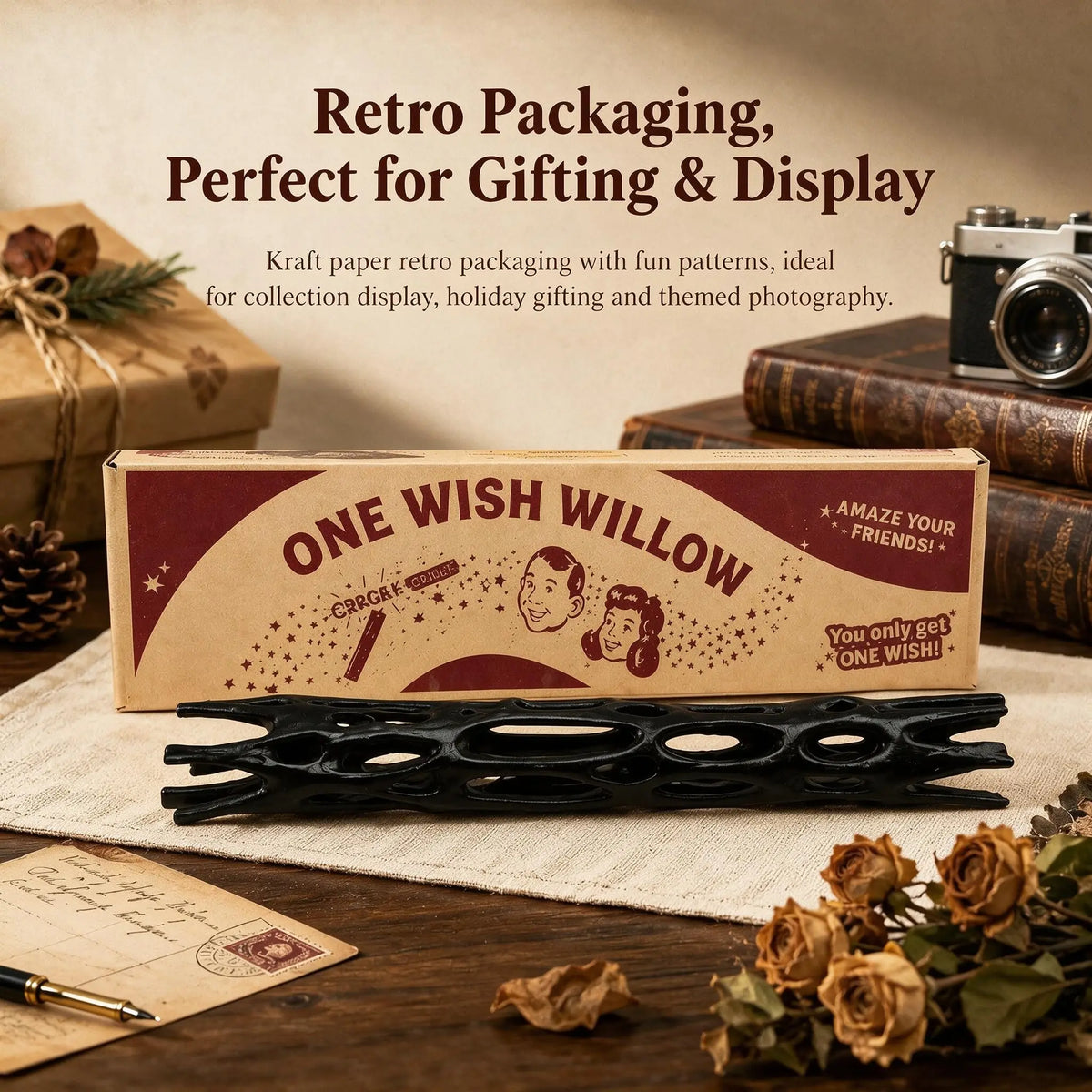 A rectangular wooden box with the text ONE WISH WILLOW displayed on a rustic surface.