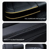 Close-up view of black Nappa leather car seat covers showing stitching, a safety buckle hole, and storage bag design.