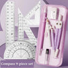 A pink storage case containing a 9-piece geometry drawing set including rulers, compasses, and protractors.