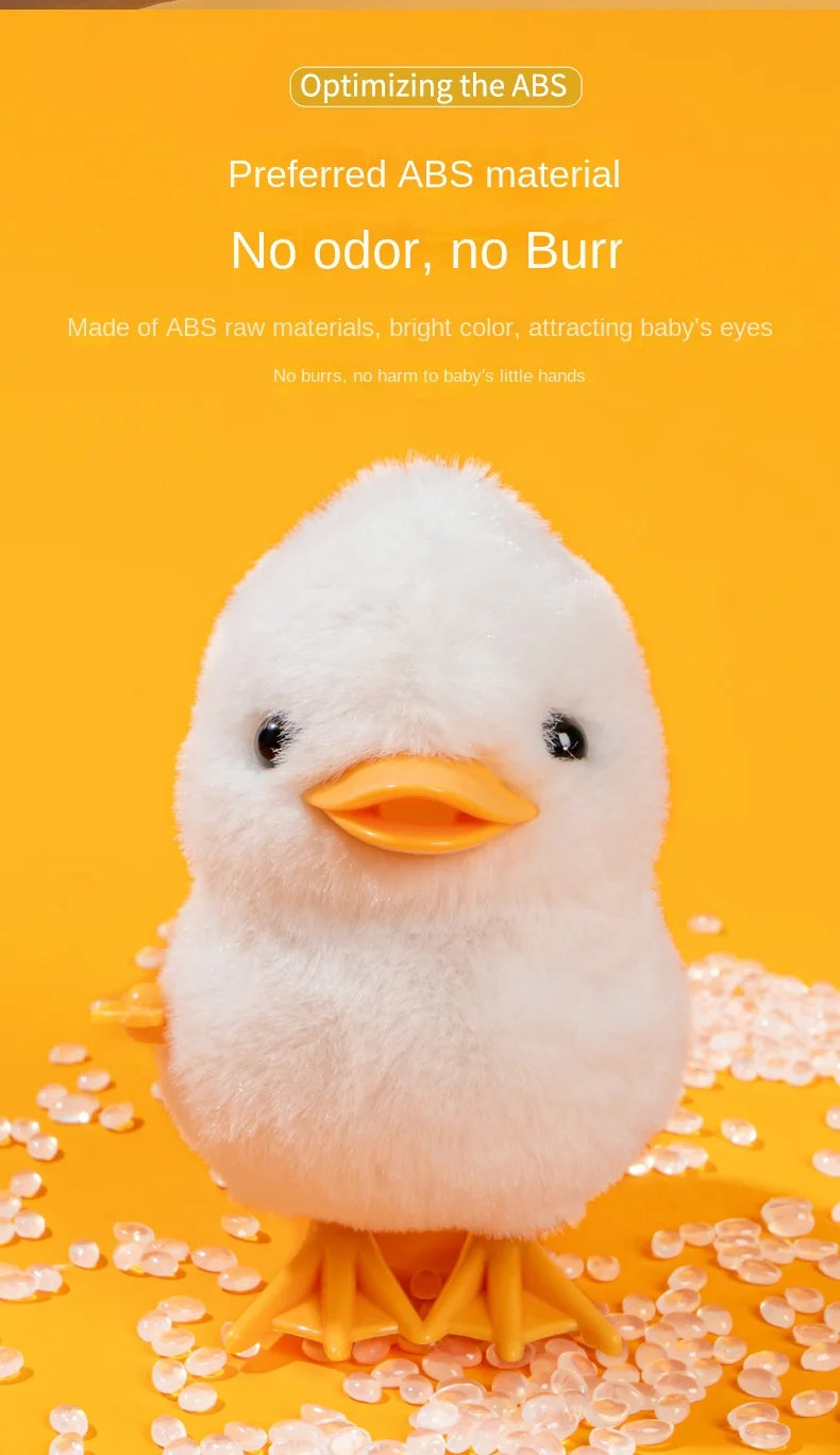 A white wind-up walking chicken toy with yellow feet is shown against an orange background.