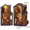A detailed wooden book nook kit featuring an architectural scene with intricate details and internal LED lighting.