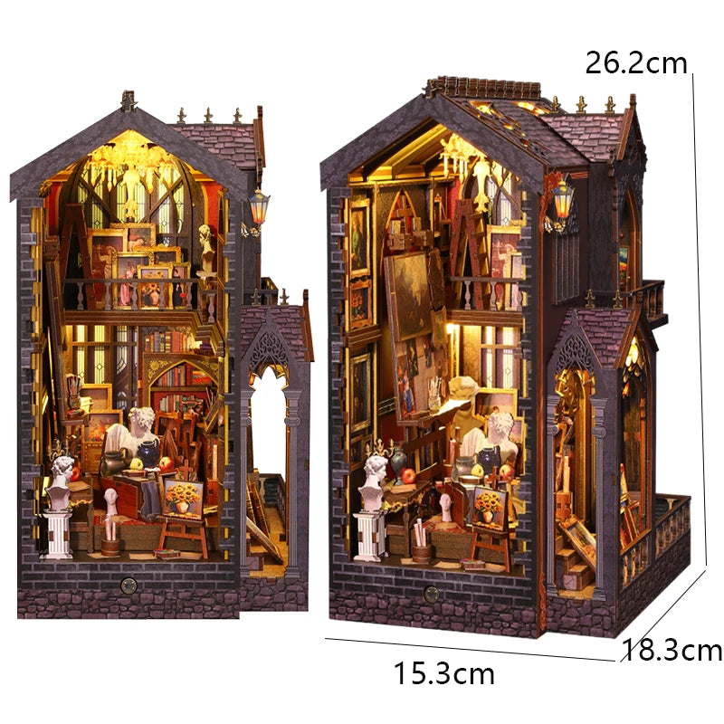 A detailed wooden book nook kit featuring an architectural scene with intricate details and internal LED lighting.