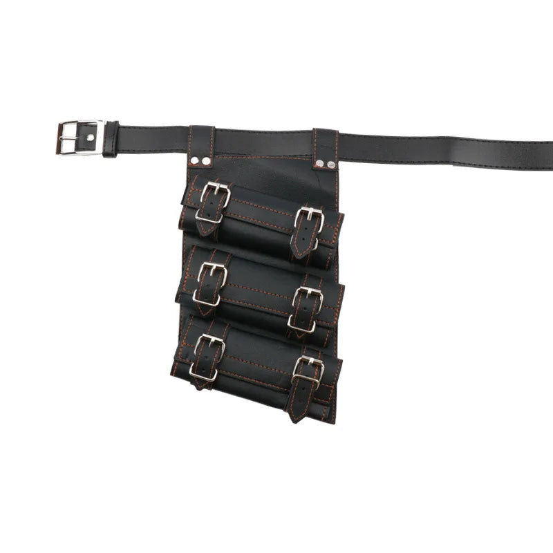 Black leather sword belt with multiple buckles and a blade attachment for cosplay