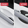 Comparison showing a car door handle before and after applying carbon fiber film protection.