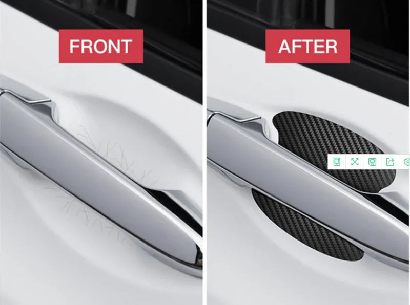 Comparison showing a car door handle before and after applying carbon fiber film protection.