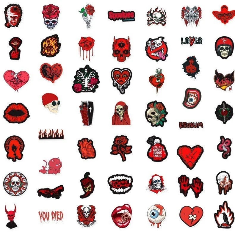 A collection of 20 gothic skull and related designs in black and red for stickers.
