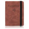 A brown leather passport wallet with a black strap and an airplane icon embossed on the cover.