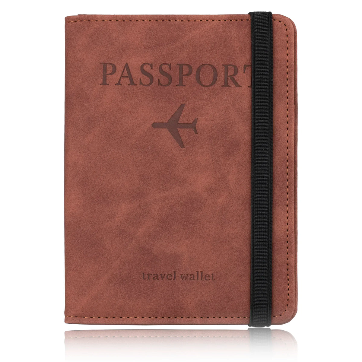 A brown leather passport wallet with a black strap and an airplane icon embossed on the cover.