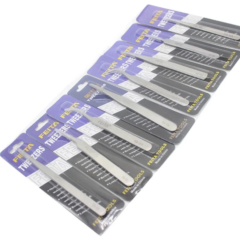 A set of seven precision stainless steel tweezers for eyelash extensions, crafts, and electronics.