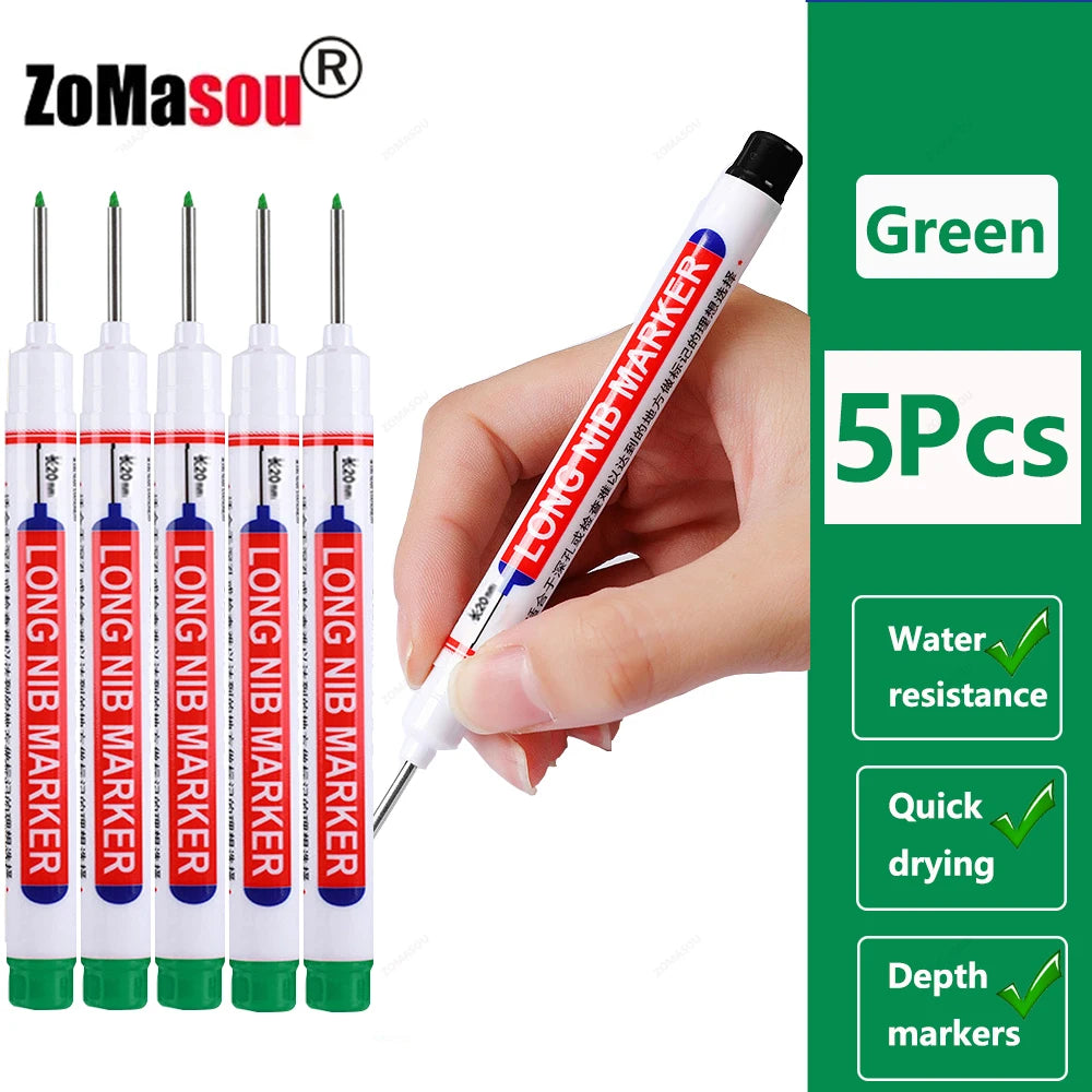 Five green Long Nib marker pens are shown being held by a hand, demonstrating their use for depth markers.