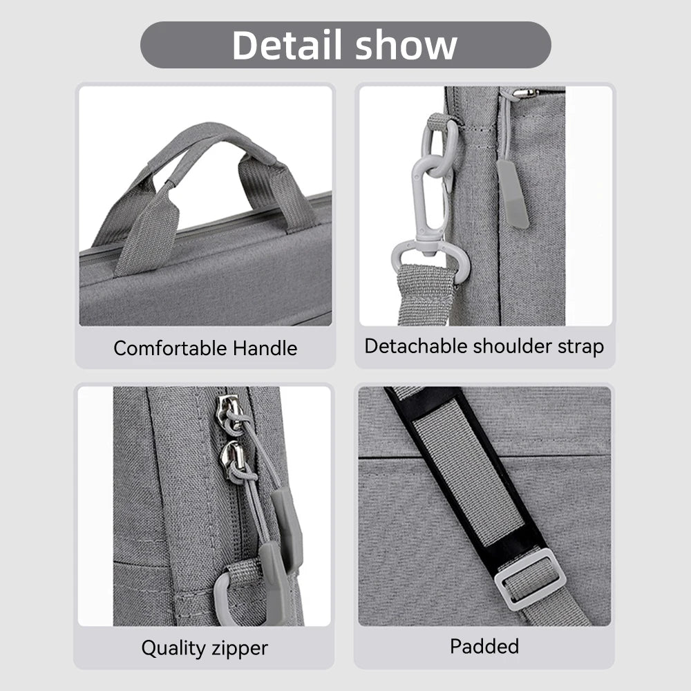 Detail show of a gray waterproof nylon laptop sleeve featuring a comfortable handle, detachable shoulder strap, quality zippe