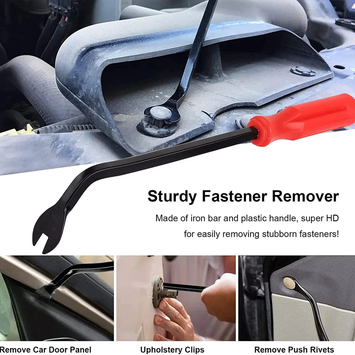 A sturdy fastener remover tool made of iron bar and plastic handle used for removing stubborn fasteners.