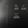A black universal car radio antenna shown vertically with text indicating 1 minute install and no tools required.