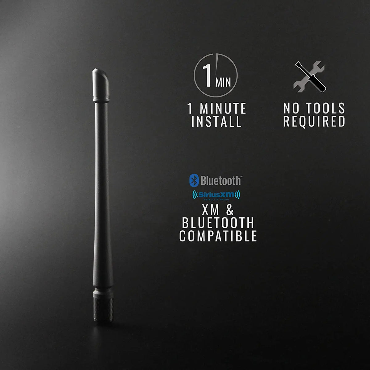 A black universal car radio antenna shown vertically with text indicating 1 minute install and no tools required.