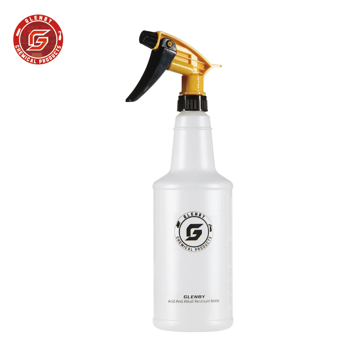 A white Glenby Acid and Alkali Resistant bottle with a yellow spray nozzle.