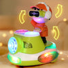 An orange-clad character wearing a VR headset stands next to a lime green bouncing car toy with glowing lights.