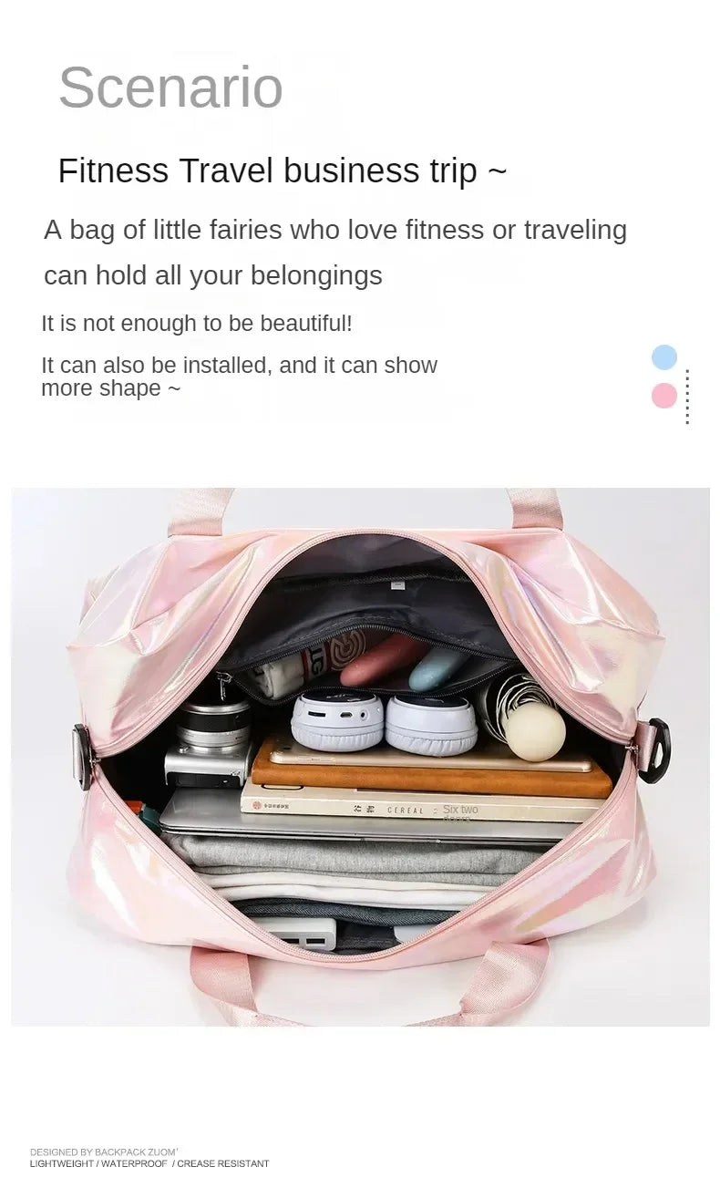 A pink travel duffel bag is open, showing organized compartments for various items like electronics and clothing.