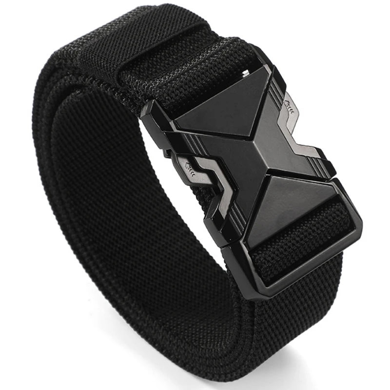 Black tactical nylon belt with a secure metal buckle shown from the side.