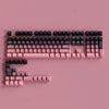 A close-up view of a PBT double-shot keycap set with gradient pink and purple colors arranged in a rectangular layout.