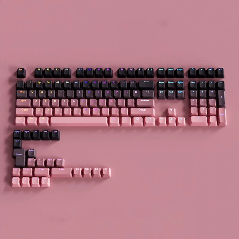 A close-up view of a PBT double-shot keycap set with gradient pink and purple colors arranged in a rectangular layout.