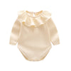 A pale yellow baby girl floral lace cotton romper with a ruffled collar and ribbed texture.