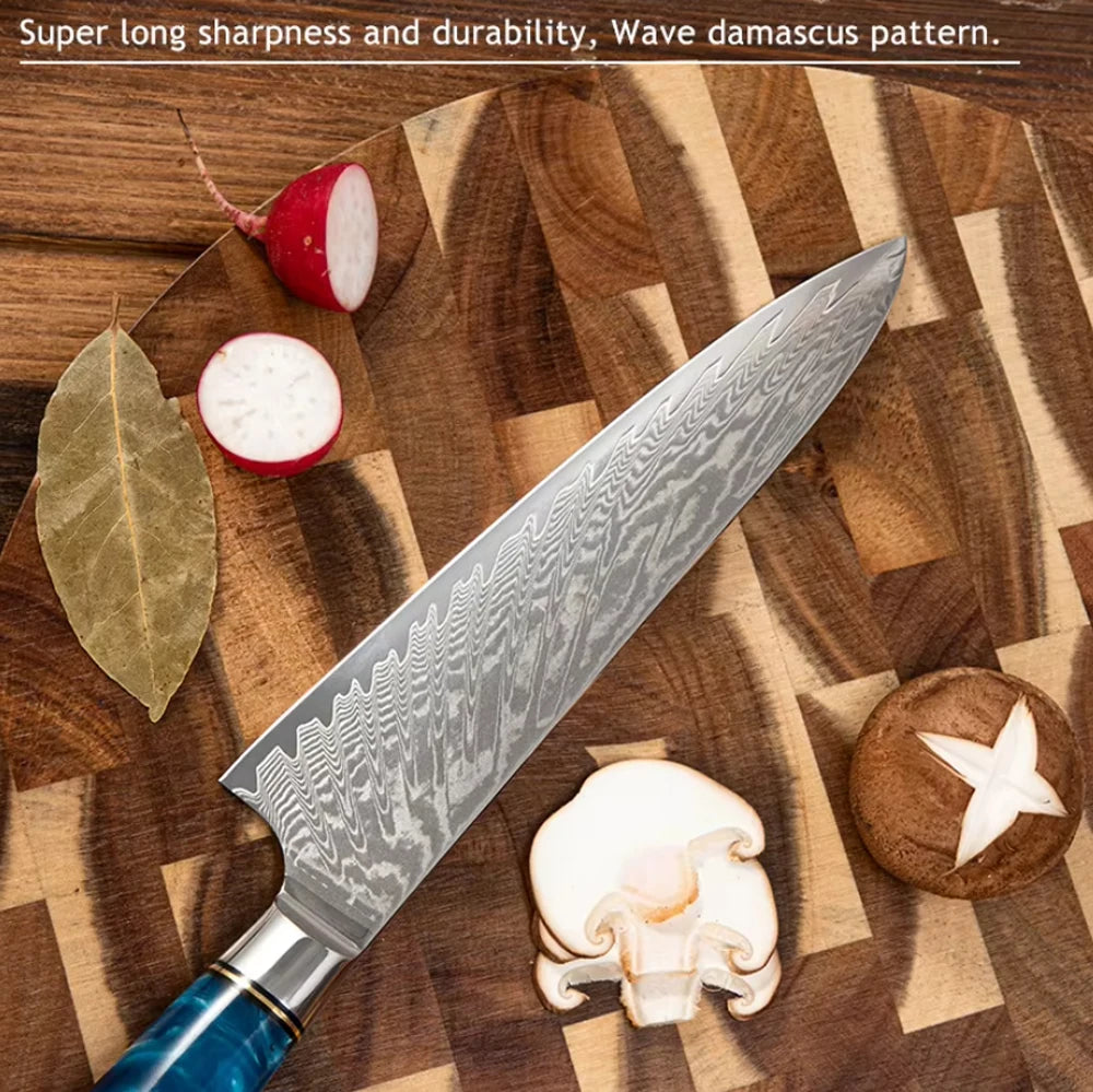 A silver Damascus steel chef's knife resting on a wooden board with a red radish and a leaf.