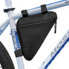 Black waterproof bike frame bag with velcro straps attached to a white bicycle frame.