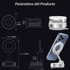 Diagrams and views of a strong magnetic car phone holder with a foldable 360° adjustable arm.