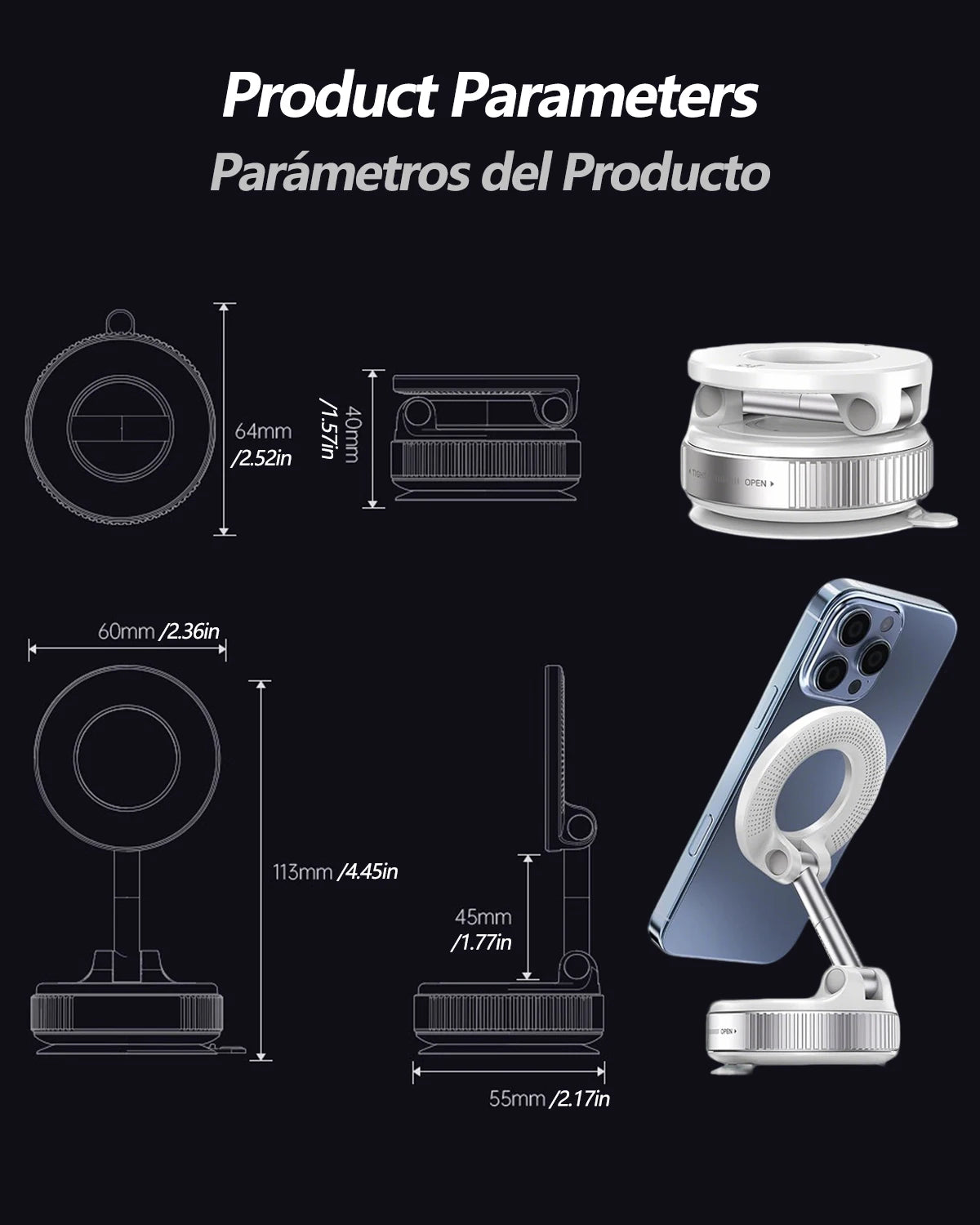 Diagrams and views of a strong magnetic car phone holder with a foldable 360° adjustable arm.