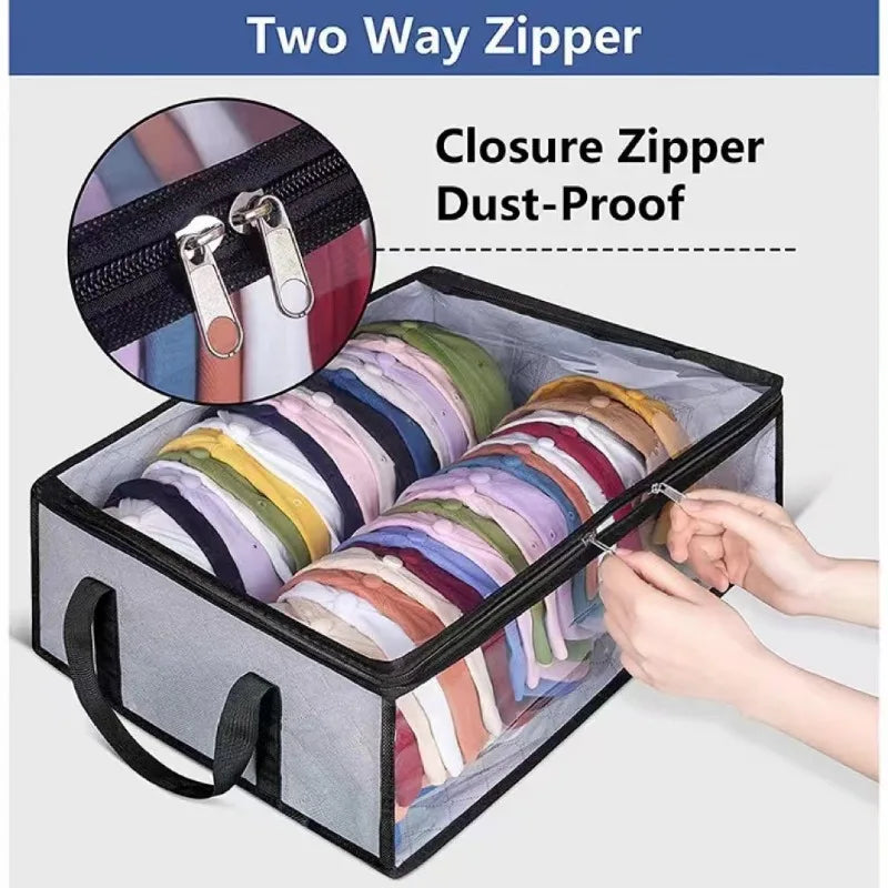 A two-way zipper closure dust-proof storage box filled with colorful fabric items.