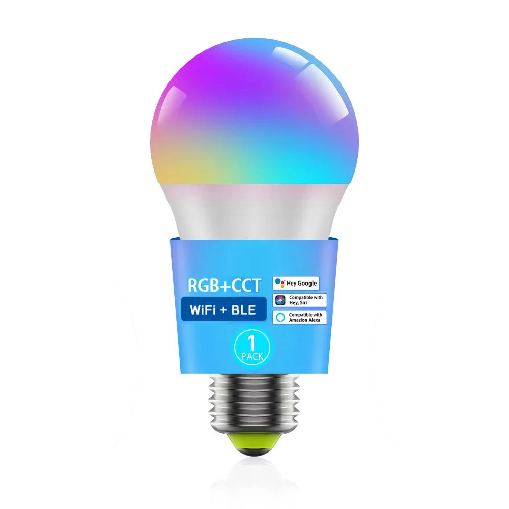 A smart LED bulb with an RGB color changing feature and WiFi connectivity, showing a gradient light effect.