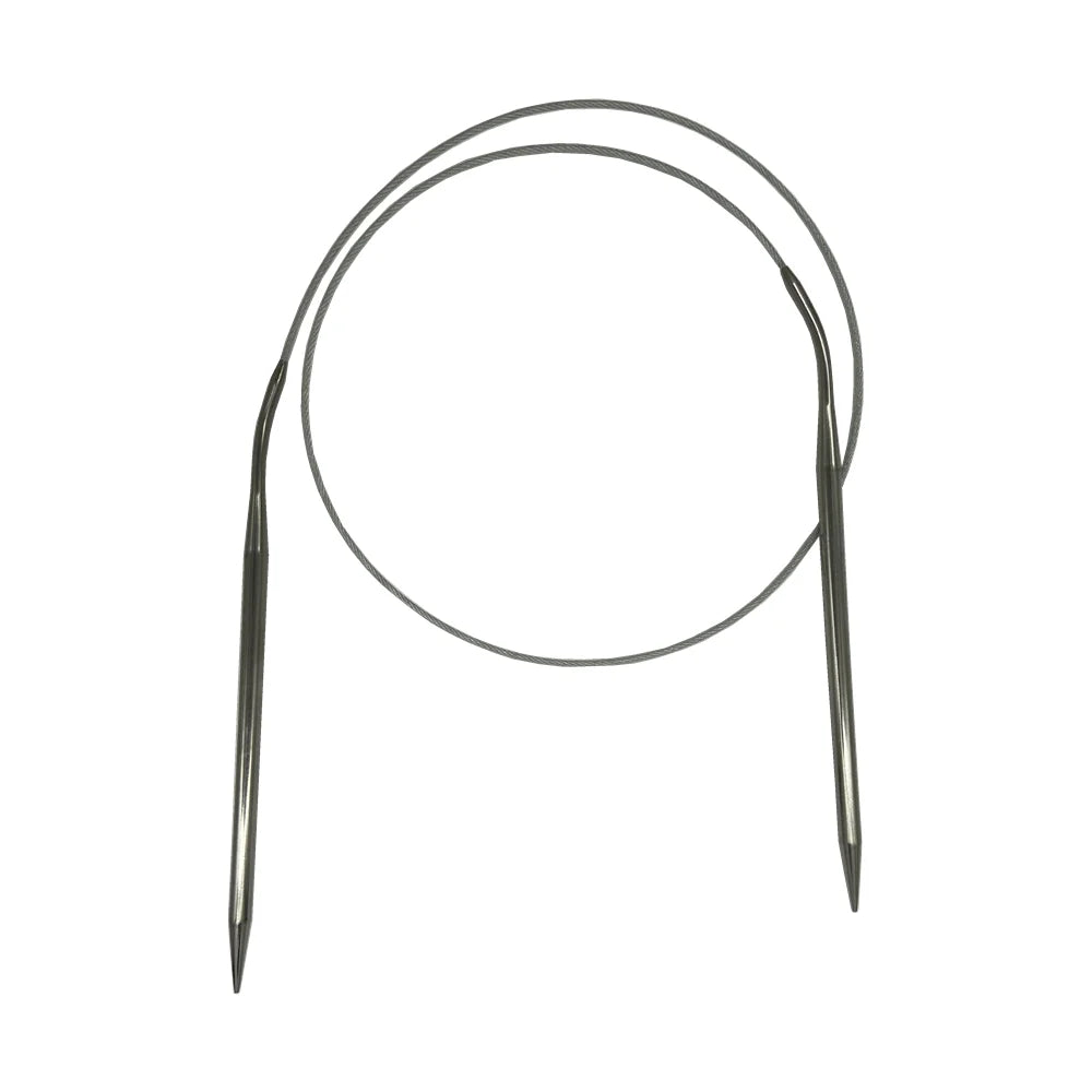 A set of stainless steel circular knitting needles.