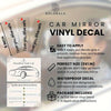 A set of three heart shaped vinyl decals for a car mirror, along with application instructions and packaging.