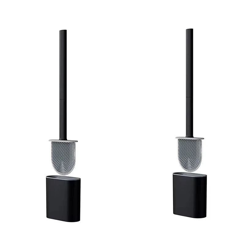 A wall-mounted toilet brush set featuring a black handle and a silicone cleaning head.