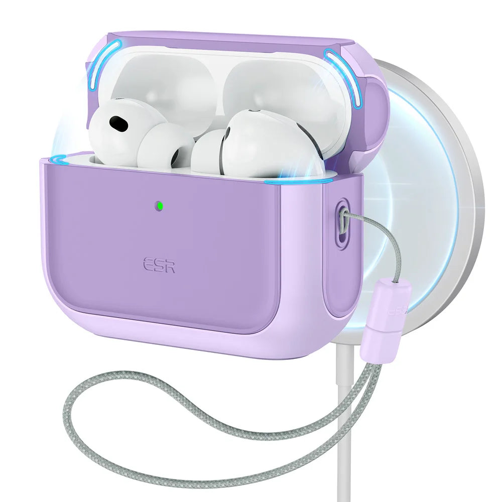 A purple charging case for AirPods Pro 3 with a magnetic lock and drop protection feature.