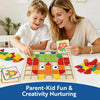 A mother and son are playing with a wooden Montessori shape puzzle set featuring colorful geometric pieces.