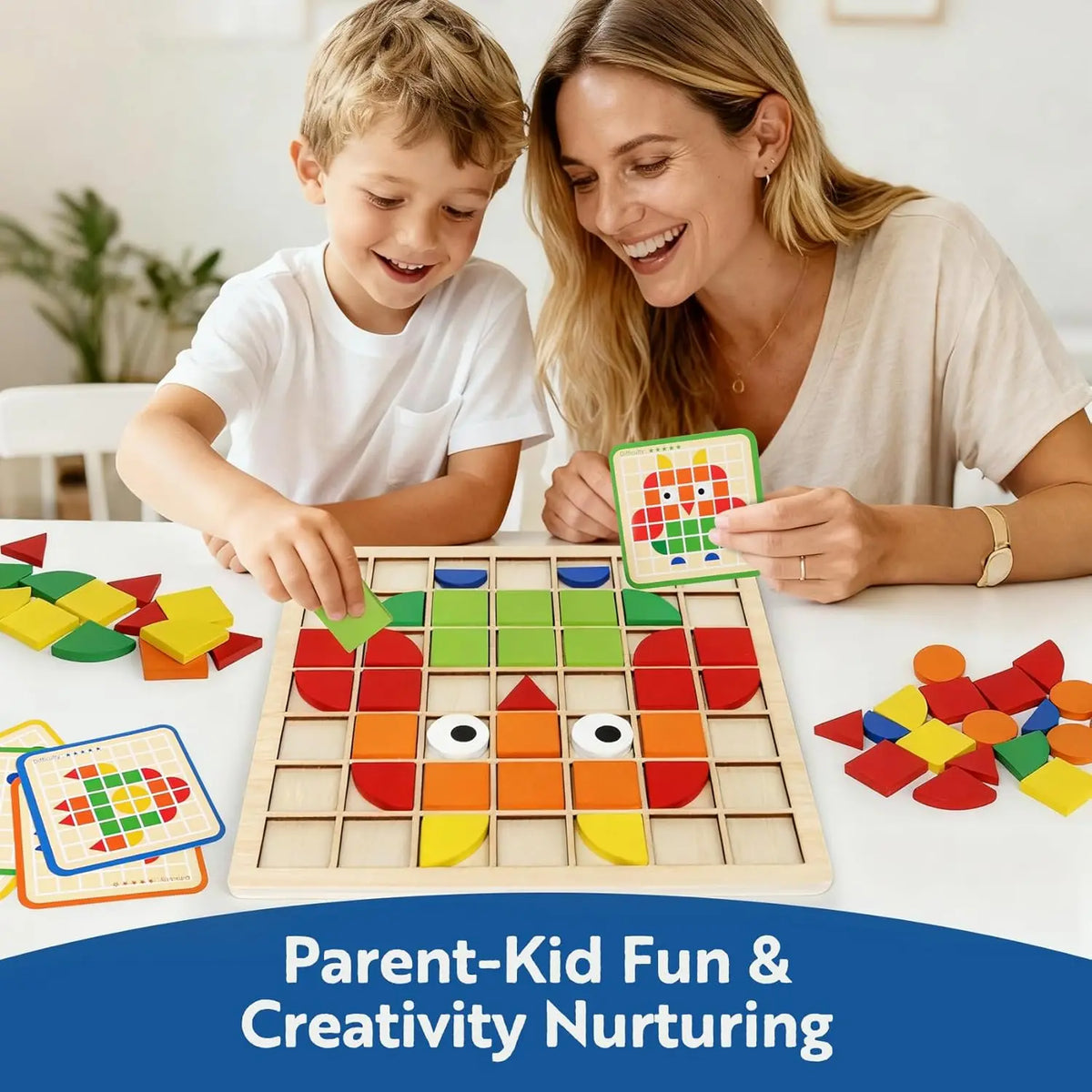 A mother and son are playing with a wooden Montessori shape puzzle set featuring colorful geometric pieces.