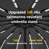 Close-up view of an upgraded umbrella stand with 348 ribs designed to be rainstorm-resistant.