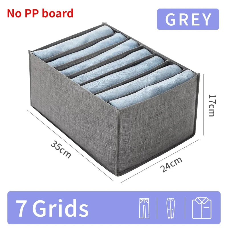 Grey foldable closet organizer box with seven grids for storing underwear, socks, and accessories