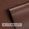 A close-up of a brown leather material showing a stitched texture and a measurement label.